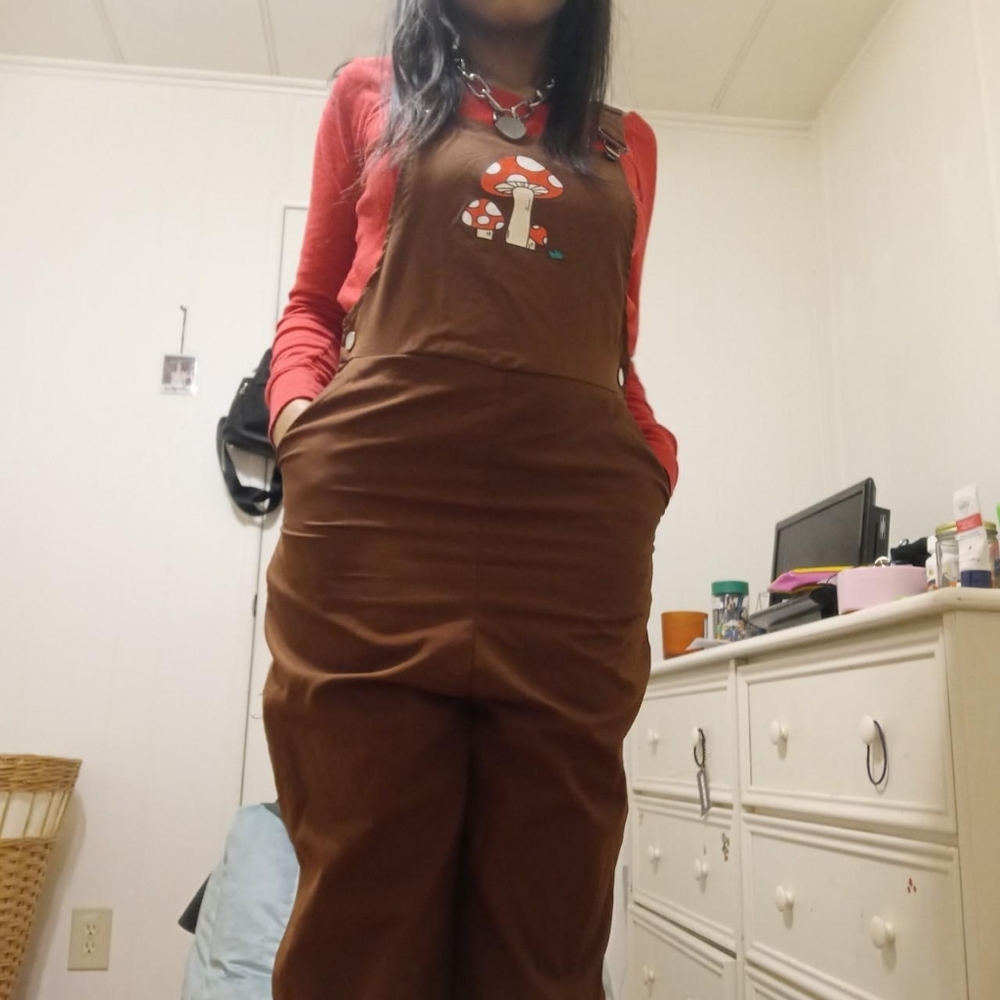 Brown mushroom overalls